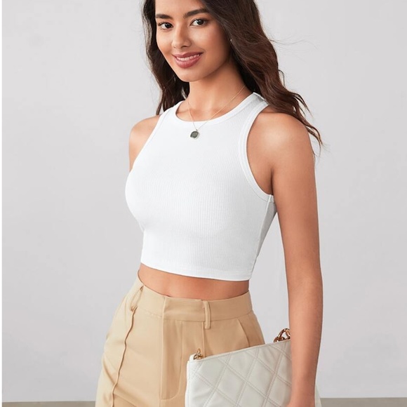 Rib-Knit White High Neck Crop Tank Top - Picture 3 of 16